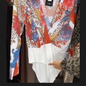 Fashion Nova Wild Print V-Neck Bodysuit - Red and Blue